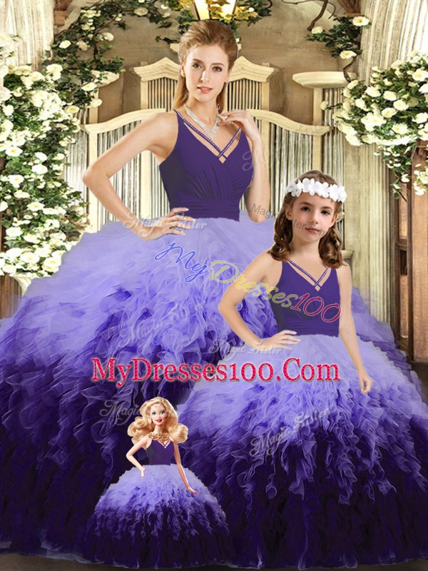 Floor Length Multi-color Quince Ball Gowns V-neck Sleeveless Backless