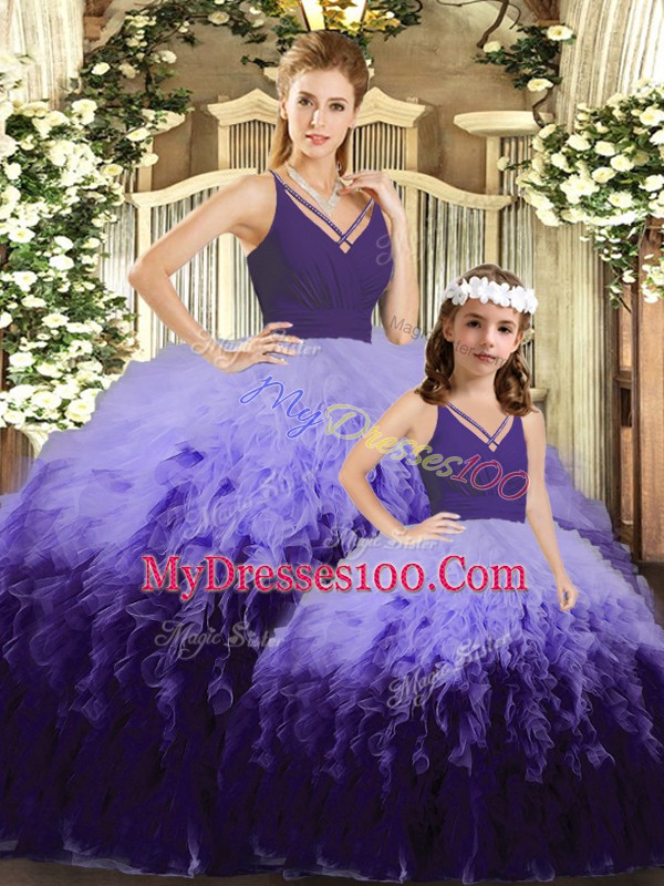 Floor Length Multi-color Quince Ball Gowns V-neck Sleeveless Backless