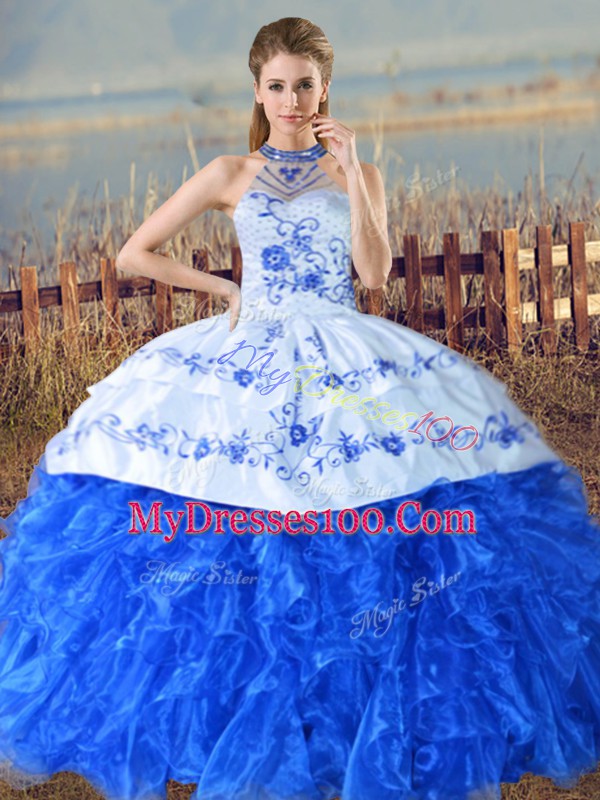 Sleeveless Court Train Embroidery and Ruffles Lace Up Sweet 16 Quinceanera Dress