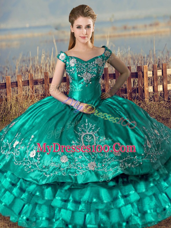 Dynamic Turquoise Ball Gowns Satin Off The Shoulder Sleeveless Embroidery and Ruffled Layers Floor Length Lace Up Quinceanera Dresses