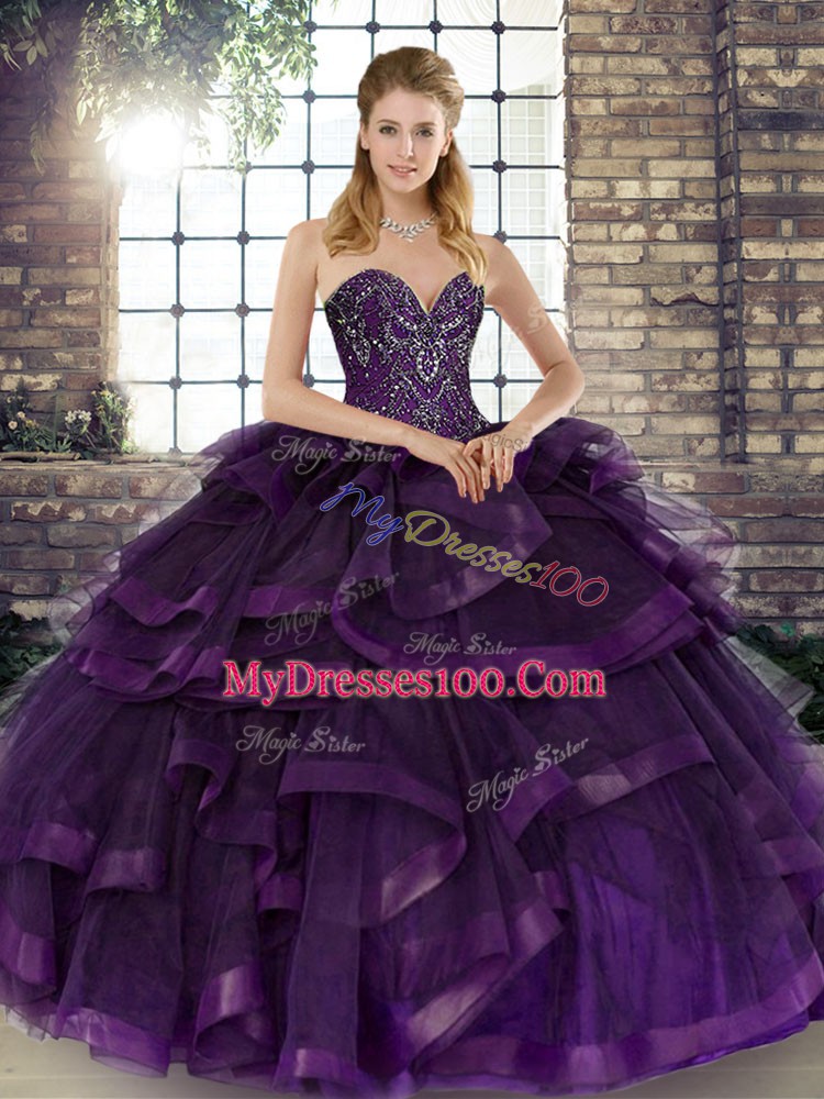 Sumptuous Purple Sweet 16 Dresses Military Ball and Sweet 16 and Quinceanera with Beading and Ruffles Sweetheart Sleeveless Lace Up