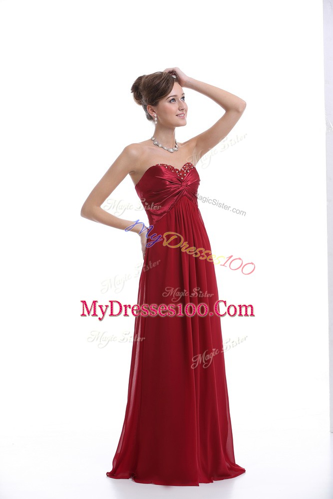 Wine Red Chiffon Lace Up Dress for Prom Sleeveless Floor Length Beading