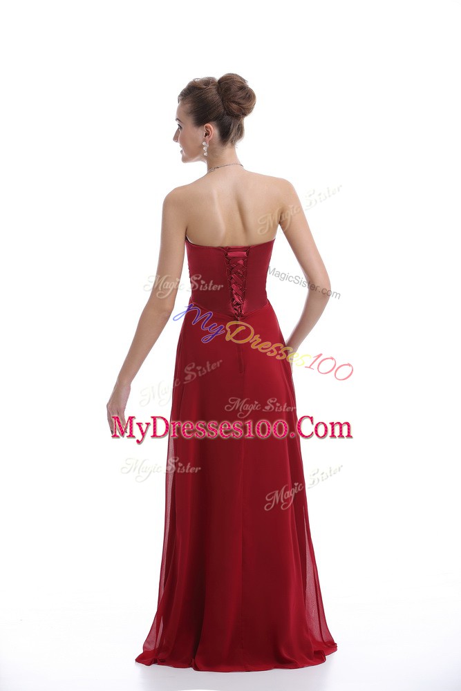 Wine Red Chiffon Lace Up Dress for Prom Sleeveless Floor Length Beading