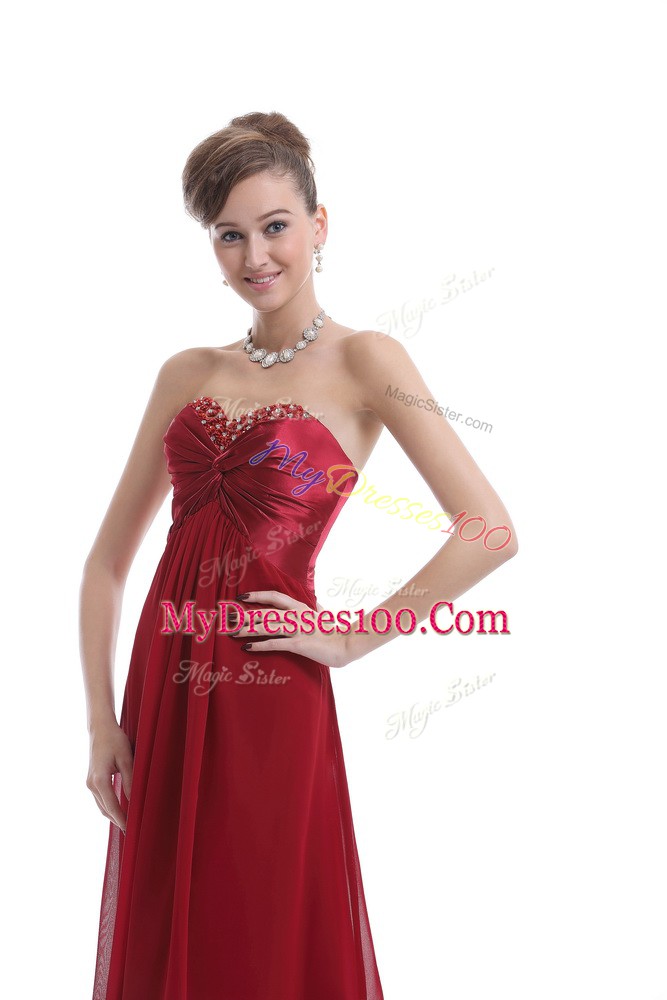 Wine Red Chiffon Lace Up Dress for Prom Sleeveless Floor Length Beading