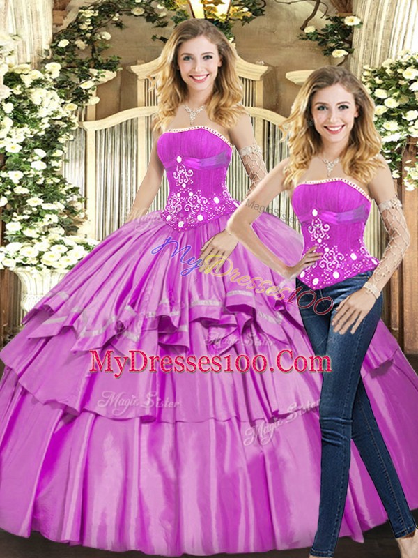Vintage Floor Length Lilac Quinceanera Gowns Taffeta Sleeveless Beading