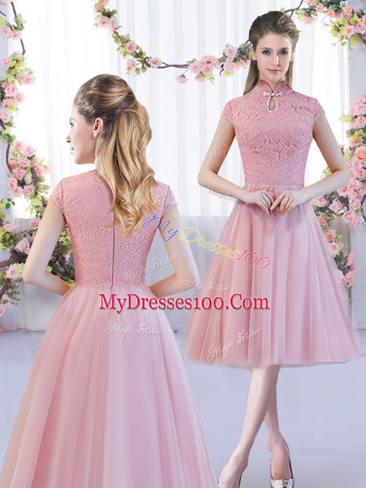 Romantic Pink Damas Dress Wedding Party with Lace High-neck Cap Sleeves Zipper