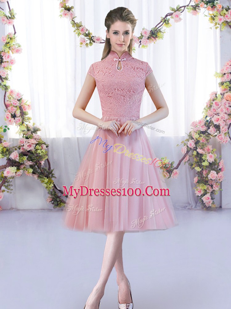 Romantic Pink Damas Dress Wedding Party with Lace High-neck Cap Sleeves Zipper