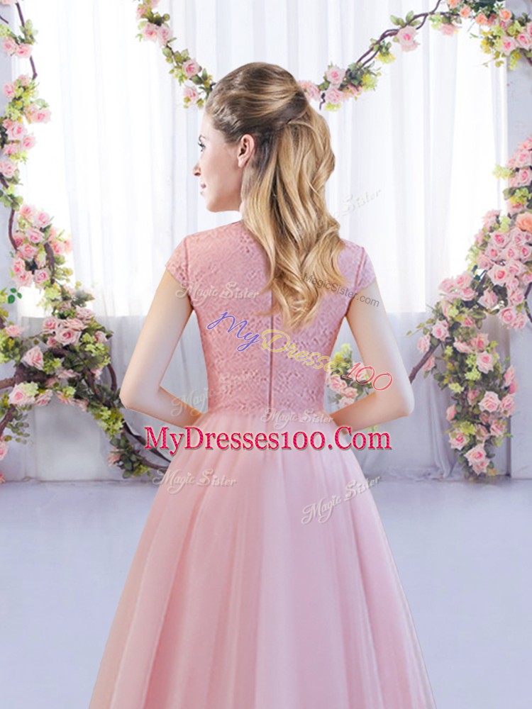 Romantic Pink Damas Dress Wedding Party with Lace High-neck Cap Sleeves Zipper