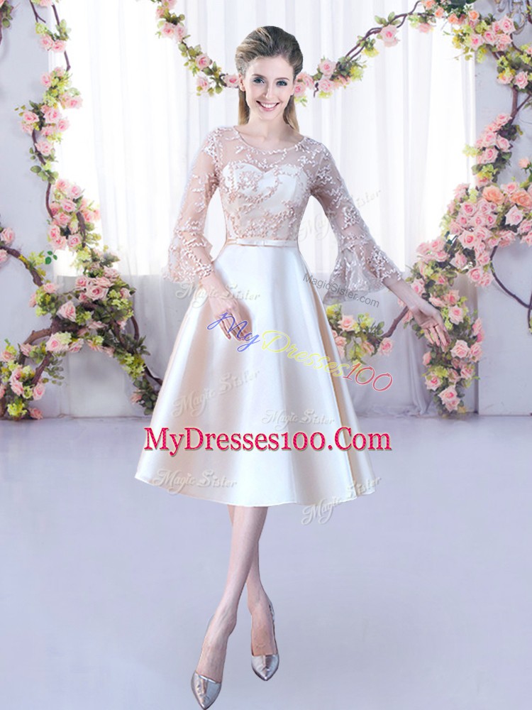 Sumptuous Champagne A-line Satin Scoop 3 4 Length Sleeve Lace and Belt Tea Length Lace Up Dama Dress for Quinceanera
