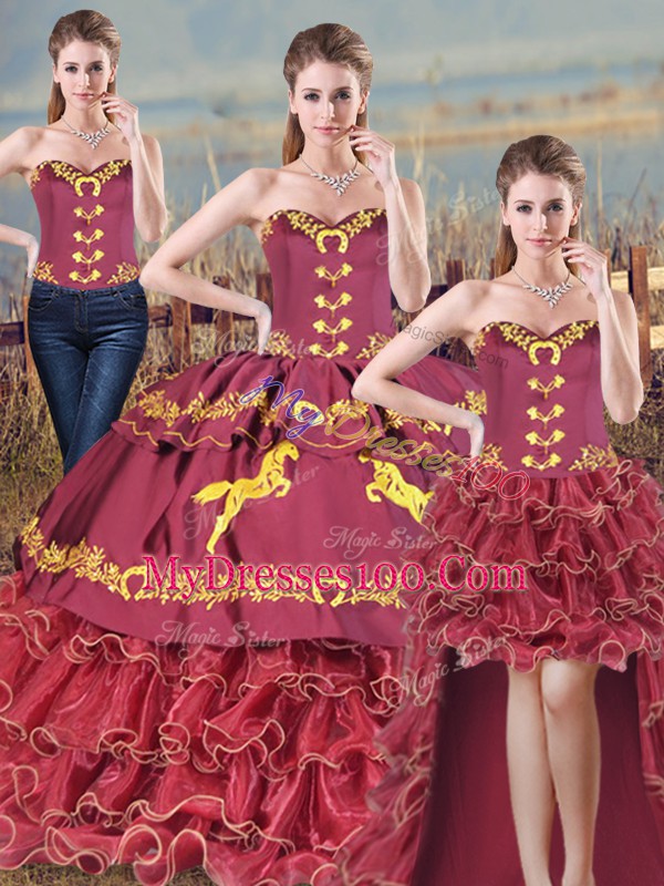 Satin and Organza Sweetheart Sleeveless Brush Train Lace Up Embroidery and Ruffles Sweet 16 Dress in Burgundy