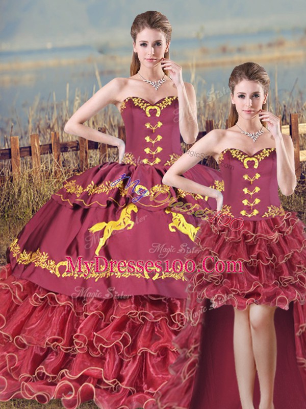 Satin and Organza Sweetheart Sleeveless Brush Train Lace Up Embroidery and Ruffles Sweet 16 Dress in Burgundy