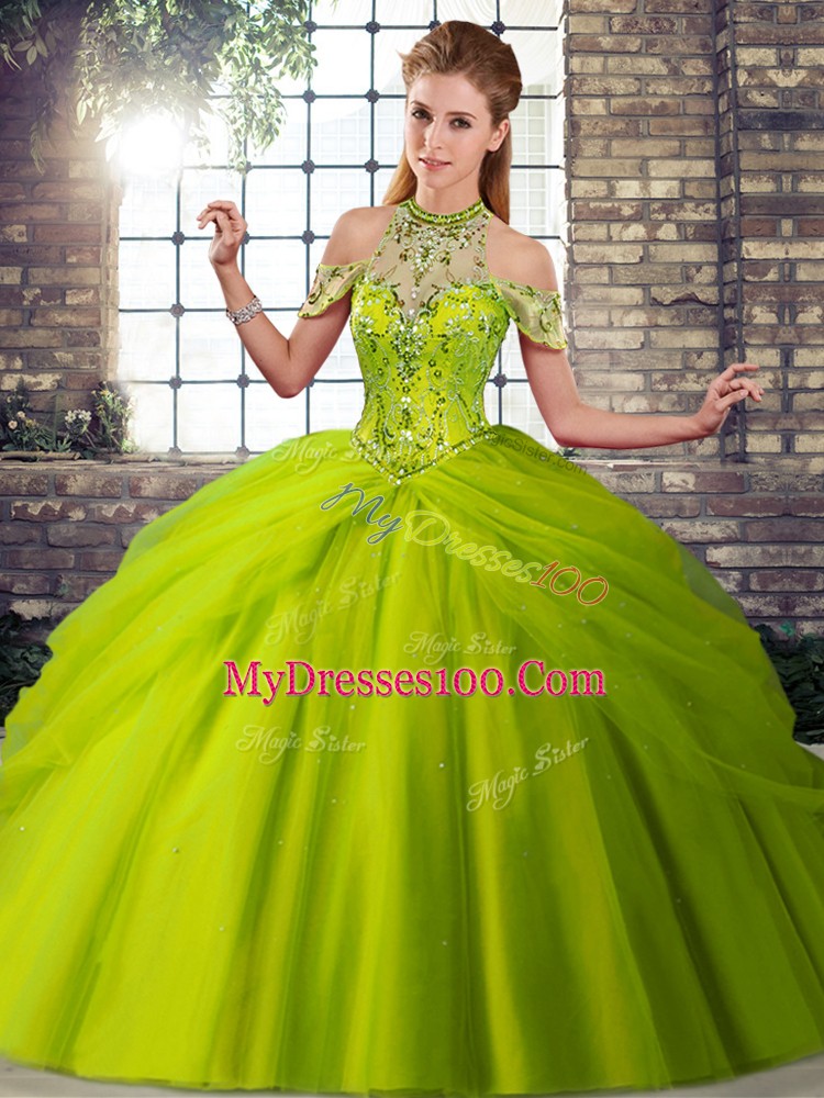 Olive Green Sleeveless Beading and Pick Ups Lace Up Sweet 16 Quinceanera Dress