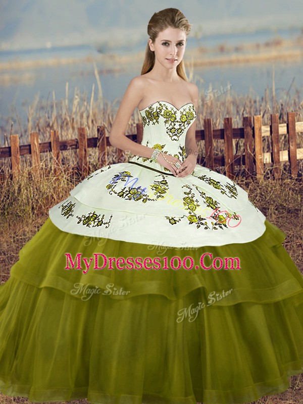 Olive Green Ball Gowns Tulle Sweetheart Sleeveless Embroidery and Bowknot Floor Length Lace Up 15th Birthday Dress