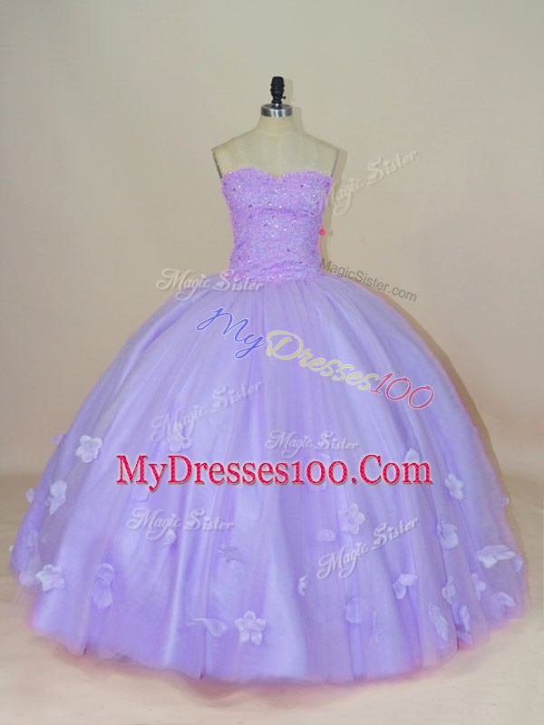 Elegant Floor Length Lavender Ball Gown Prom Dress Tulle Sleeveless Beading and Hand Made Flower