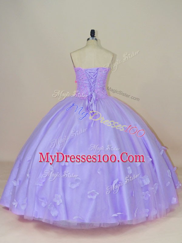 Elegant Floor Length Lavender Ball Gown Prom Dress Tulle Sleeveless Beading and Hand Made Flower