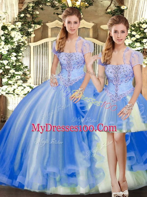 Sleeveless Beading and Ruffles Lace Up Quince Ball Gowns