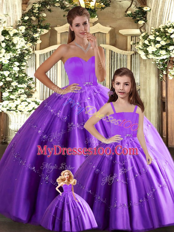 Top Selling Sleeveless Floor Length Beading Lace Up Quince Ball Gowns with Eggplant Purple