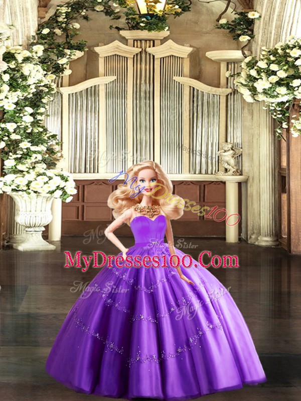 Top Selling Sleeveless Floor Length Beading Lace Up Quince Ball Gowns with Eggplant Purple