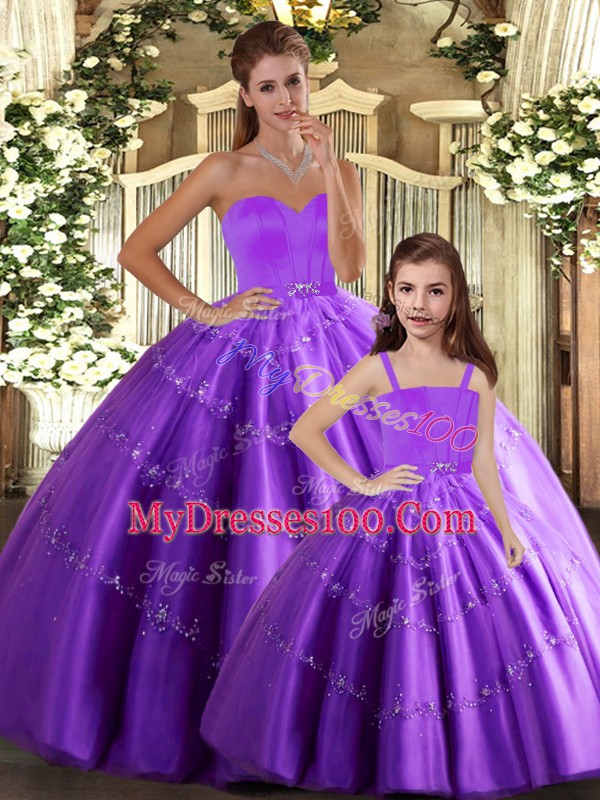 Top Selling Sleeveless Floor Length Beading Lace Up Quince Ball Gowns with Eggplant Purple