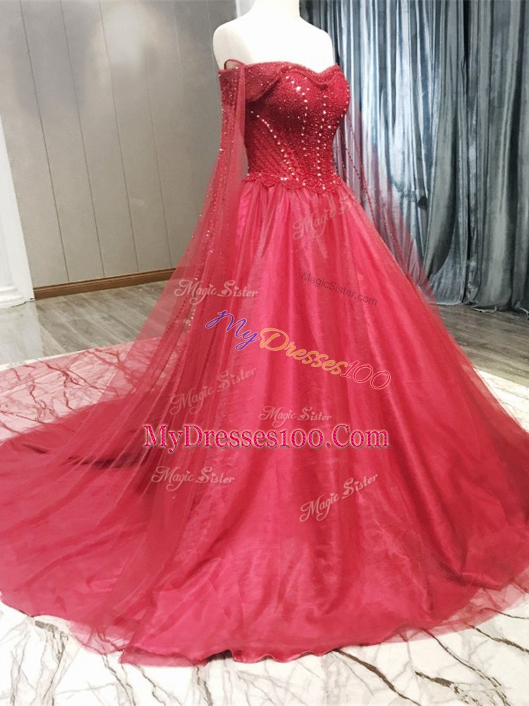 Coral Red Zipper Strapless Beading Wedding Dress Tulle Sleeveless Court Train