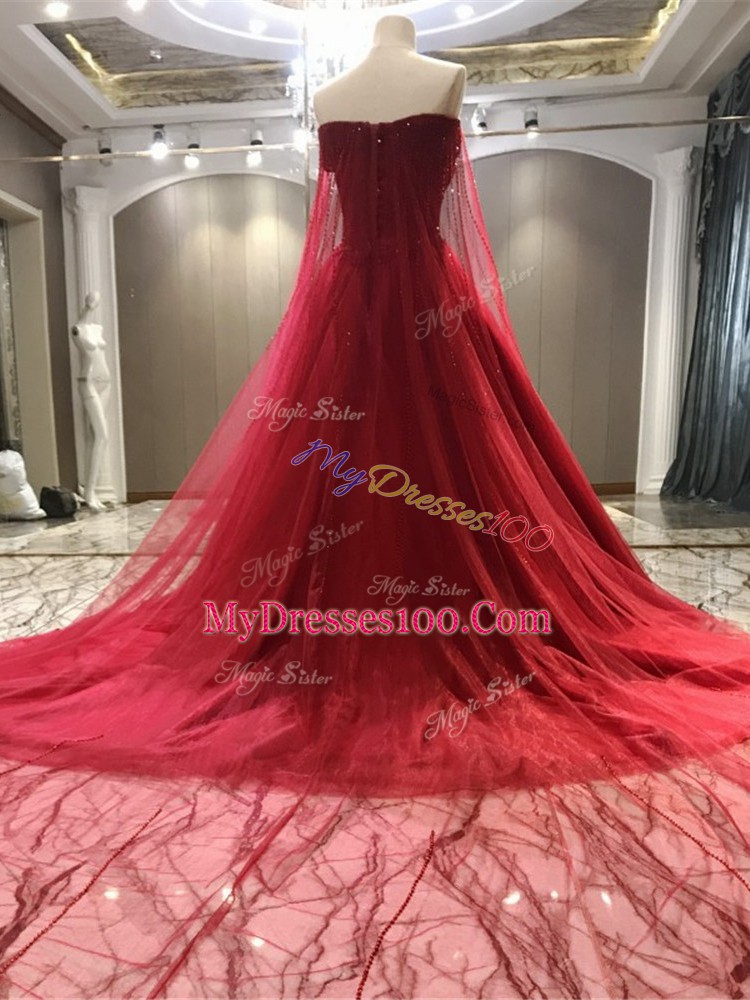 Coral Red Zipper Strapless Beading Wedding Dress Tulle Sleeveless Court Train