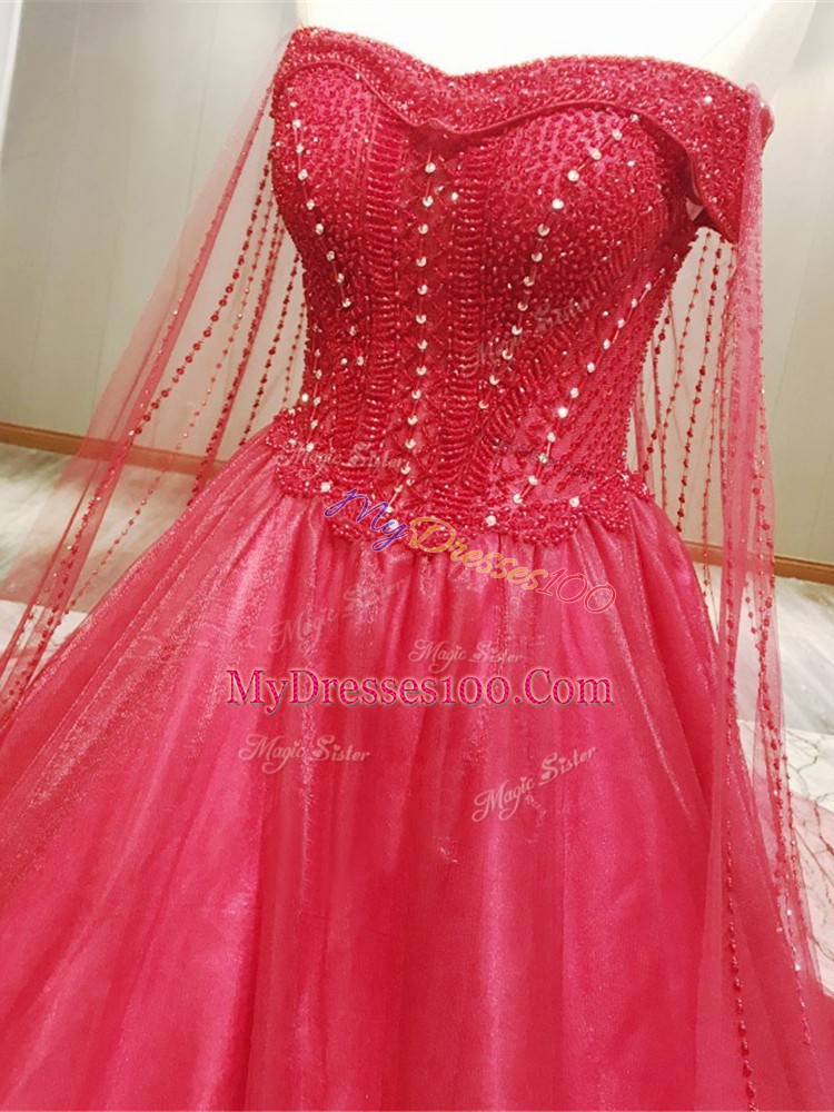 Coral Red Zipper Strapless Beading Wedding Dress Tulle Sleeveless Court Train