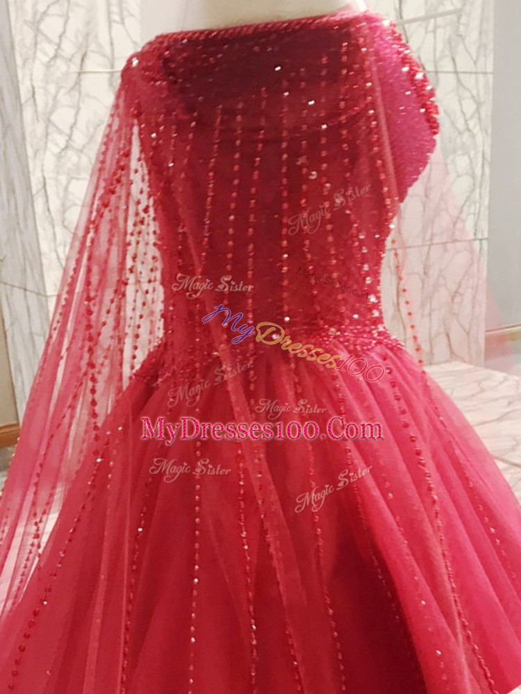 Coral Red Zipper Strapless Beading Wedding Dress Tulle Sleeveless Court Train