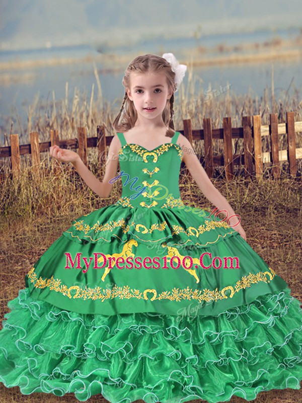 Turquoise Sleeveless Beading and Embroidery and Ruffled Layers Floor Length Little Girls Pageant Gowns