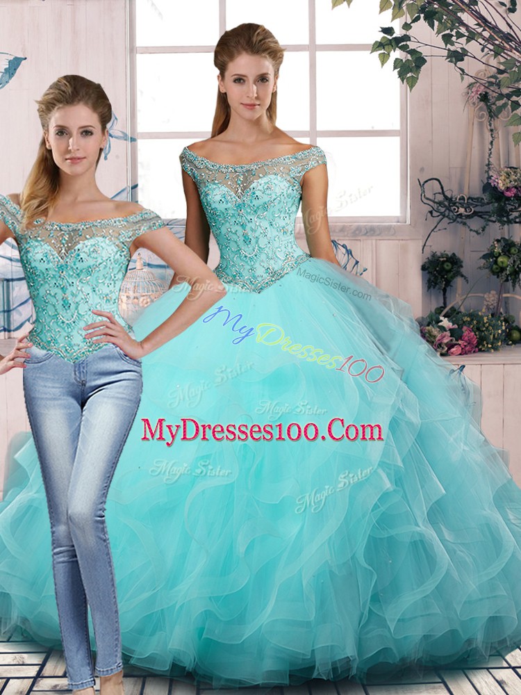 Floor Length Lace Up 15th Birthday Dress Aqua Blue for Sweet 16 and Quinceanera with Beading and Ruffles