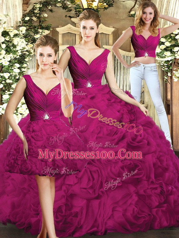 Fuchsia Three Pieces V-neck Sleeveless Fabric With Rolling Flowers Floor Length Backless Beading Ball Gown Prom Dress