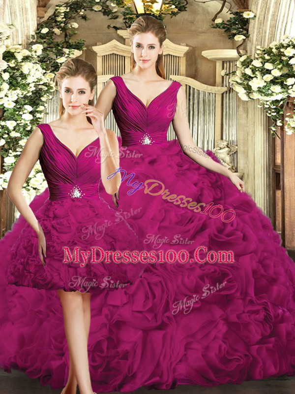 Fuchsia Three Pieces V-neck Sleeveless Fabric With Rolling Flowers Floor Length Backless Beading Ball Gown Prom Dress