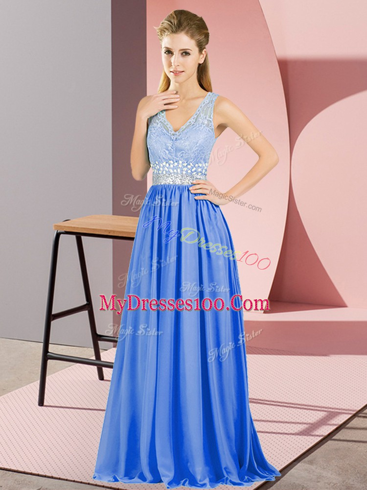 Luxury Blue V-neck Backless Beading and Lace Prom Dress Sleeveless
