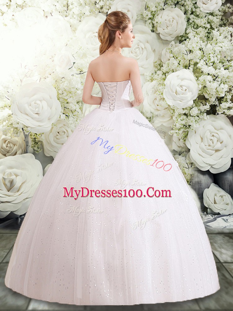 Enchanting Strapless Sleeveless Tulle Wedding Gown Appliques and Ruching Lace Up