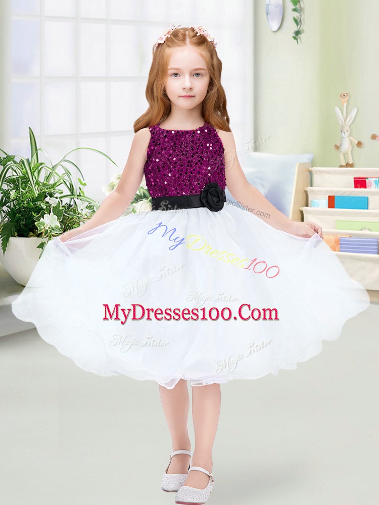Sleeveless Zipper Knee Length Sequins and Hand Made Flower Flower Girl Dresses for Less
