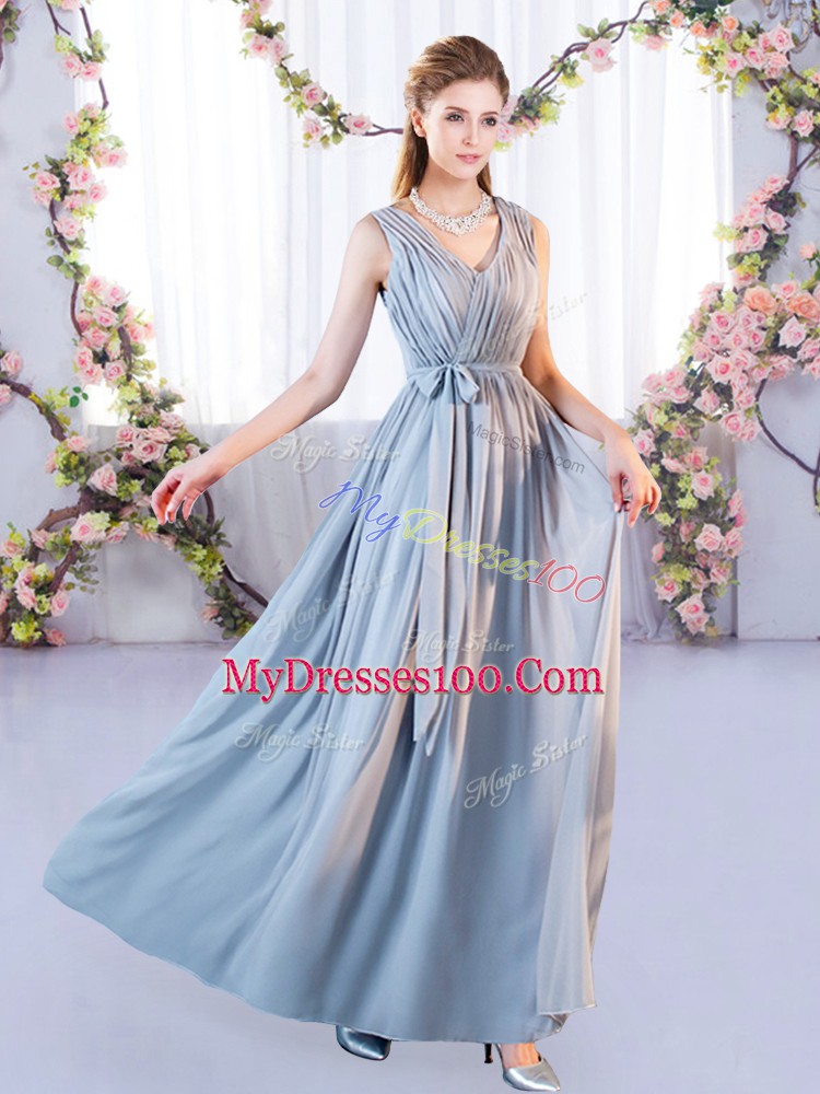 Lovely Grey Chiffon Lace Up Off The Shoulder Sleeveless Floor Length Court Dresses for Sweet 16 Belt