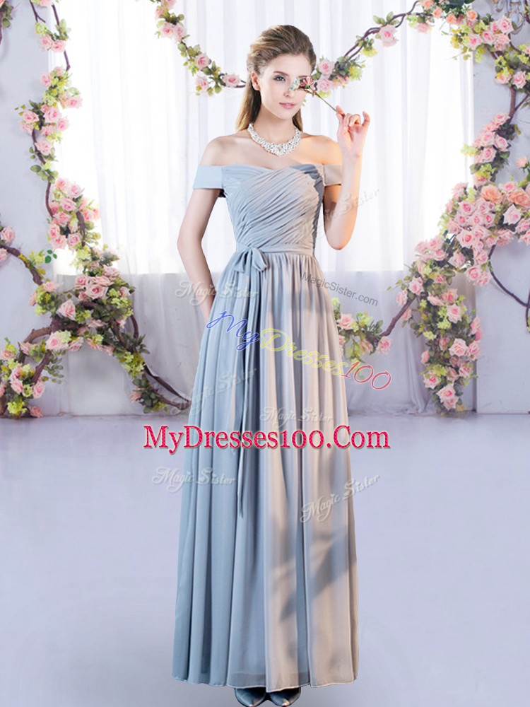 Lovely Grey Chiffon Lace Up Off The Shoulder Sleeveless Floor Length Court Dresses for Sweet 16 Belt