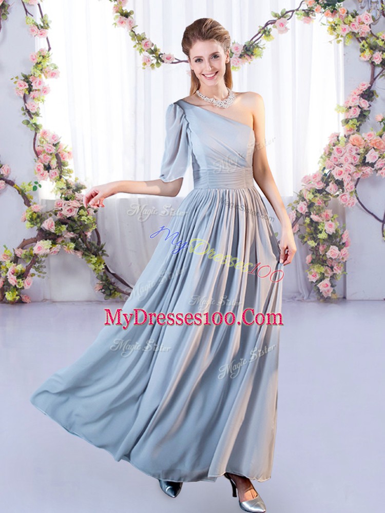 Lovely Grey Chiffon Lace Up Off The Shoulder Sleeveless Floor Length Court Dresses for Sweet 16 Belt