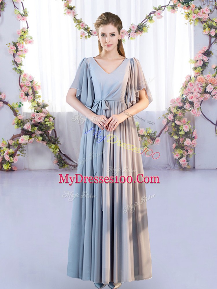 Lovely Grey Chiffon Lace Up Off The Shoulder Sleeveless Floor Length Court Dresses for Sweet 16 Belt