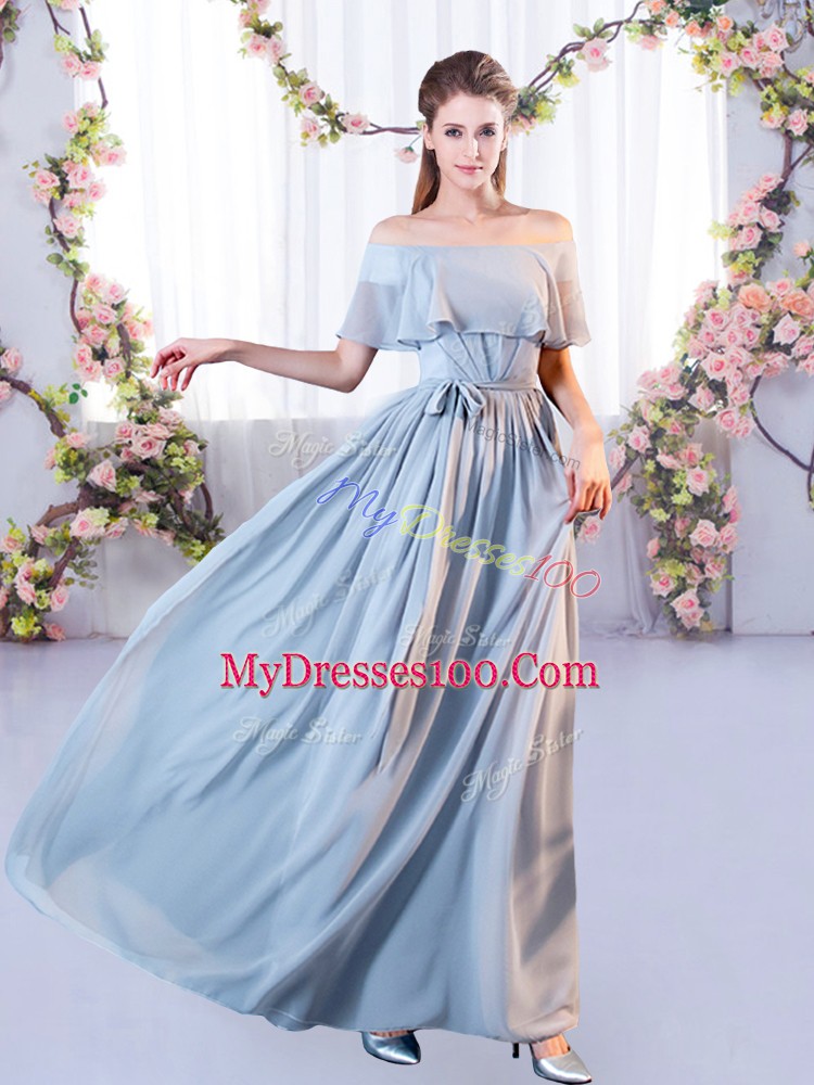 Lovely Grey Chiffon Lace Up Off The Shoulder Sleeveless Floor Length Court Dresses for Sweet 16 Belt