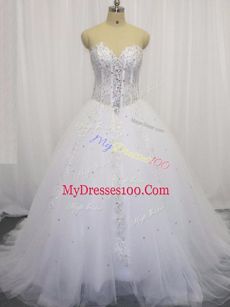Popular White Ball Gowns Tulle Sweetheart Sleeveless Beading and Appliques Lace Up Wedding Dresses Court Train