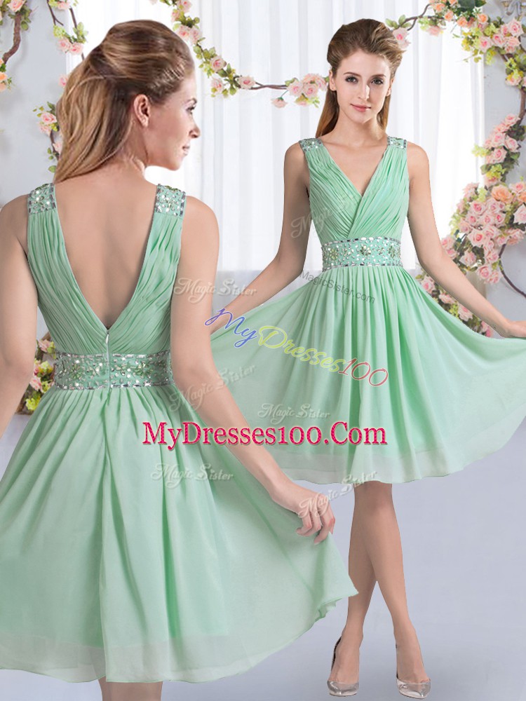 High Class Knee Length Apple Green Bridesmaid Dress Chiffon Sleeveless Beading