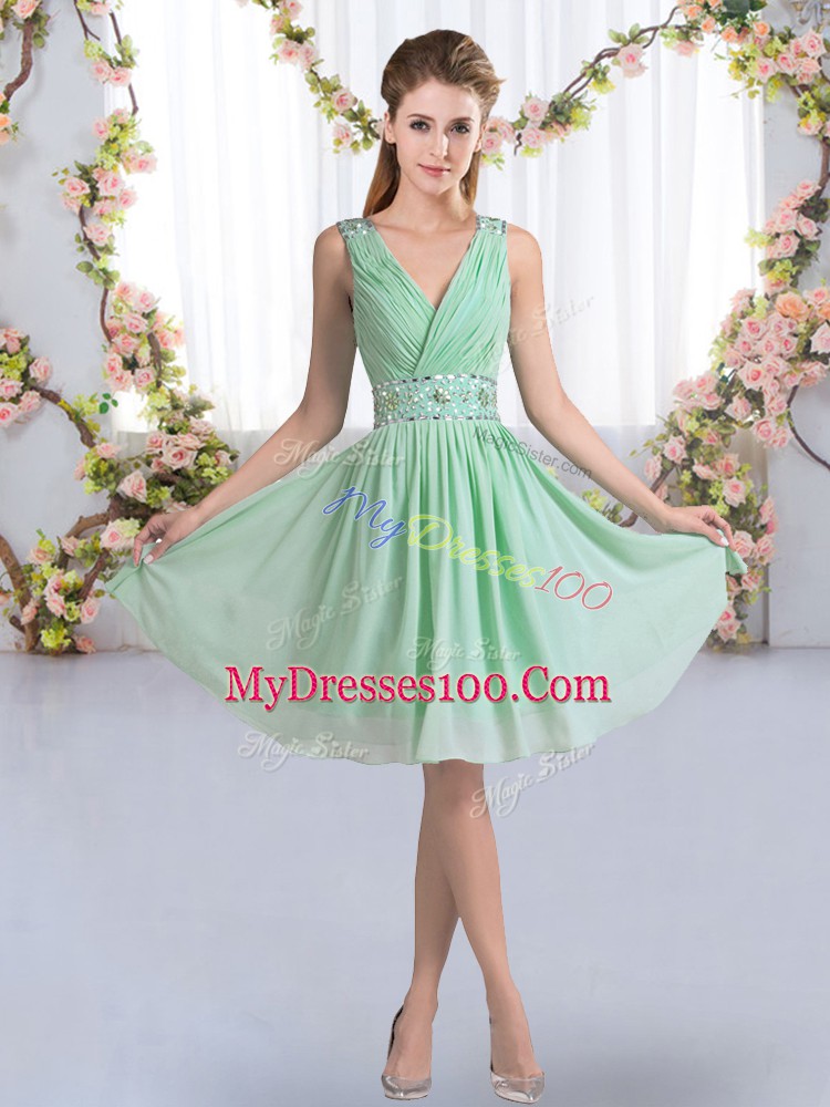 High Class Knee Length Apple Green Bridesmaid Dress Chiffon Sleeveless Beading