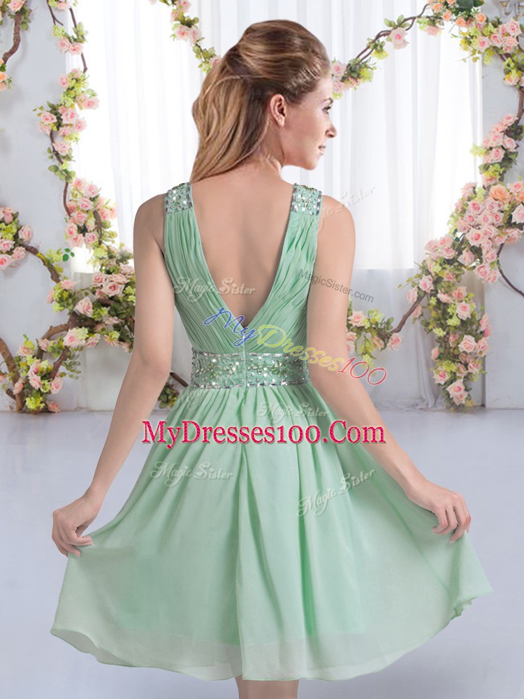High Class Knee Length Apple Green Bridesmaid Dress Chiffon Sleeveless Beading