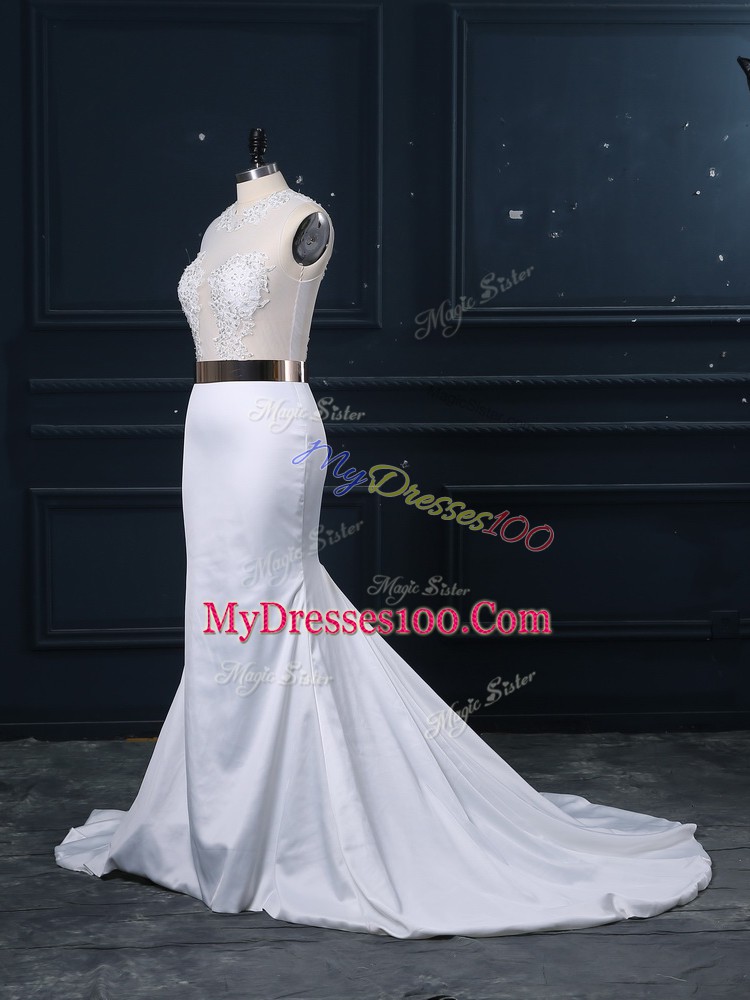 Modest White Mermaid Scoop Sleeveless Elastic Woven Satin Brush Train Zipper Appliques and Sashes ribbons Wedding Gown
