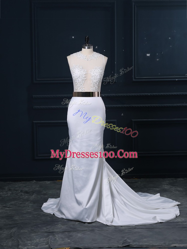 Modest White Mermaid Scoop Sleeveless Elastic Woven Satin Brush Train Zipper Appliques and Sashes ribbons Wedding Gown