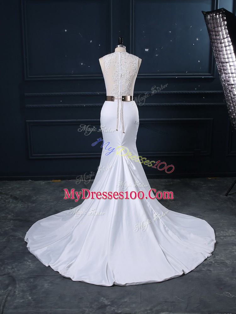 Modest White Mermaid Scoop Sleeveless Elastic Woven Satin Brush Train Zipper Appliques and Sashes ribbons Wedding Gown