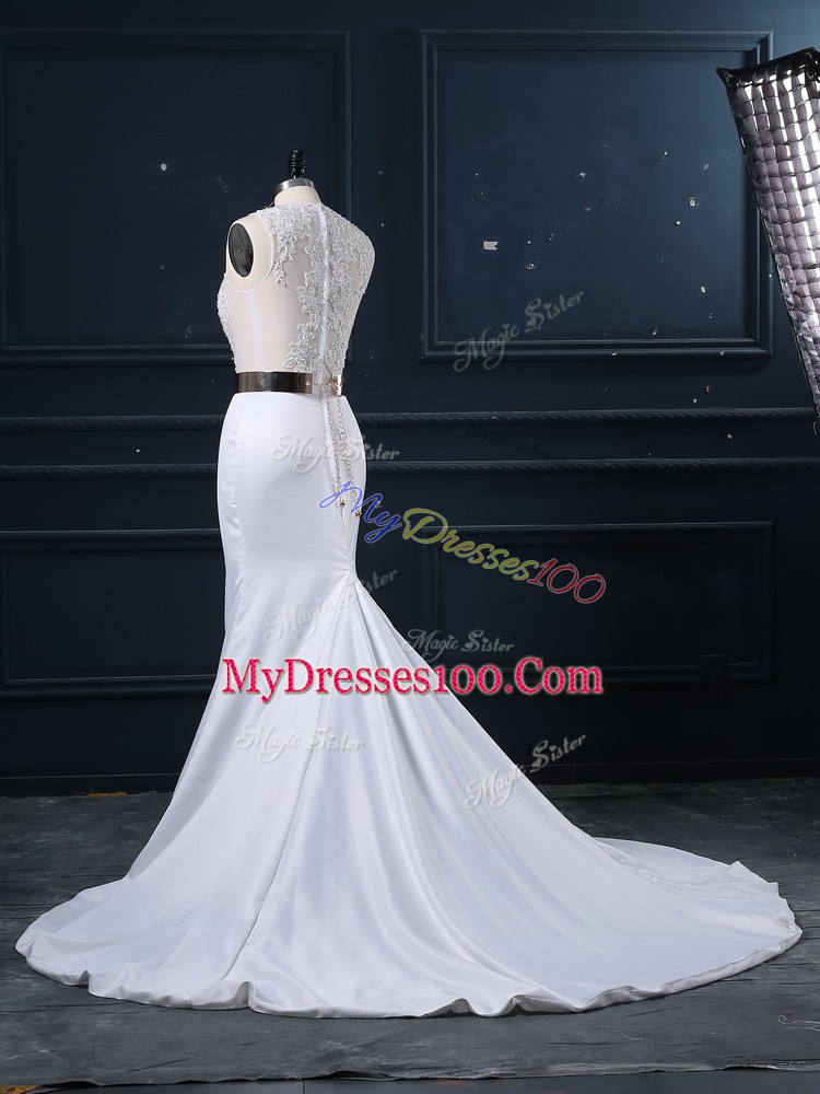 Modest White Mermaid Scoop Sleeveless Elastic Woven Satin Brush Train Zipper Appliques and Sashes ribbons Wedding Gown