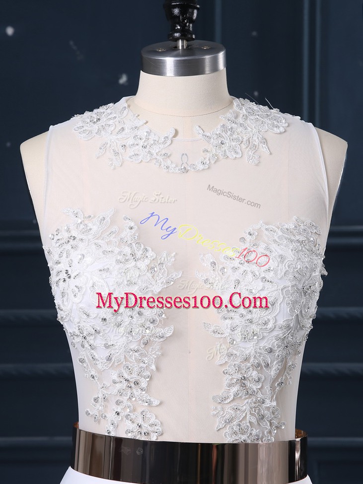 Modest White Mermaid Scoop Sleeveless Elastic Woven Satin Brush Train Zipper Appliques and Sashes ribbons Wedding Gown