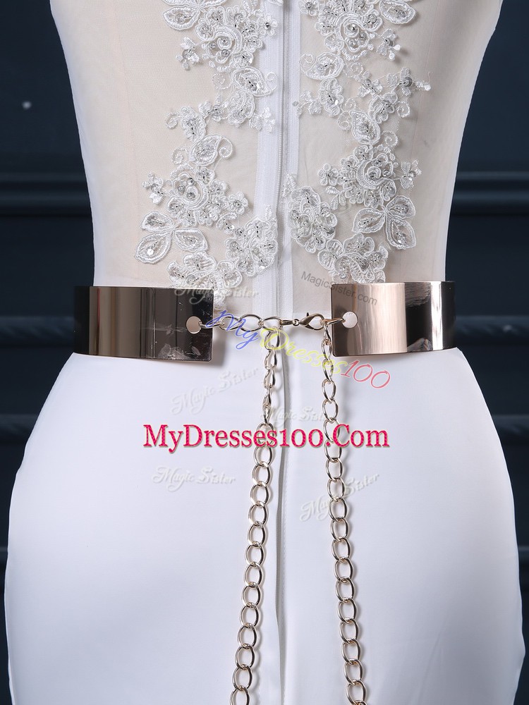 Modest White Mermaid Scoop Sleeveless Elastic Woven Satin Brush Train Zipper Appliques and Sashes ribbons Wedding Gown