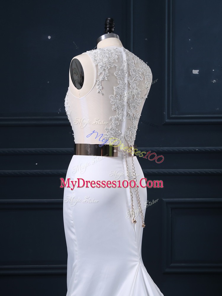 Modest White Mermaid Scoop Sleeveless Elastic Woven Satin Brush Train Zipper Appliques and Sashes ribbons Wedding Gown